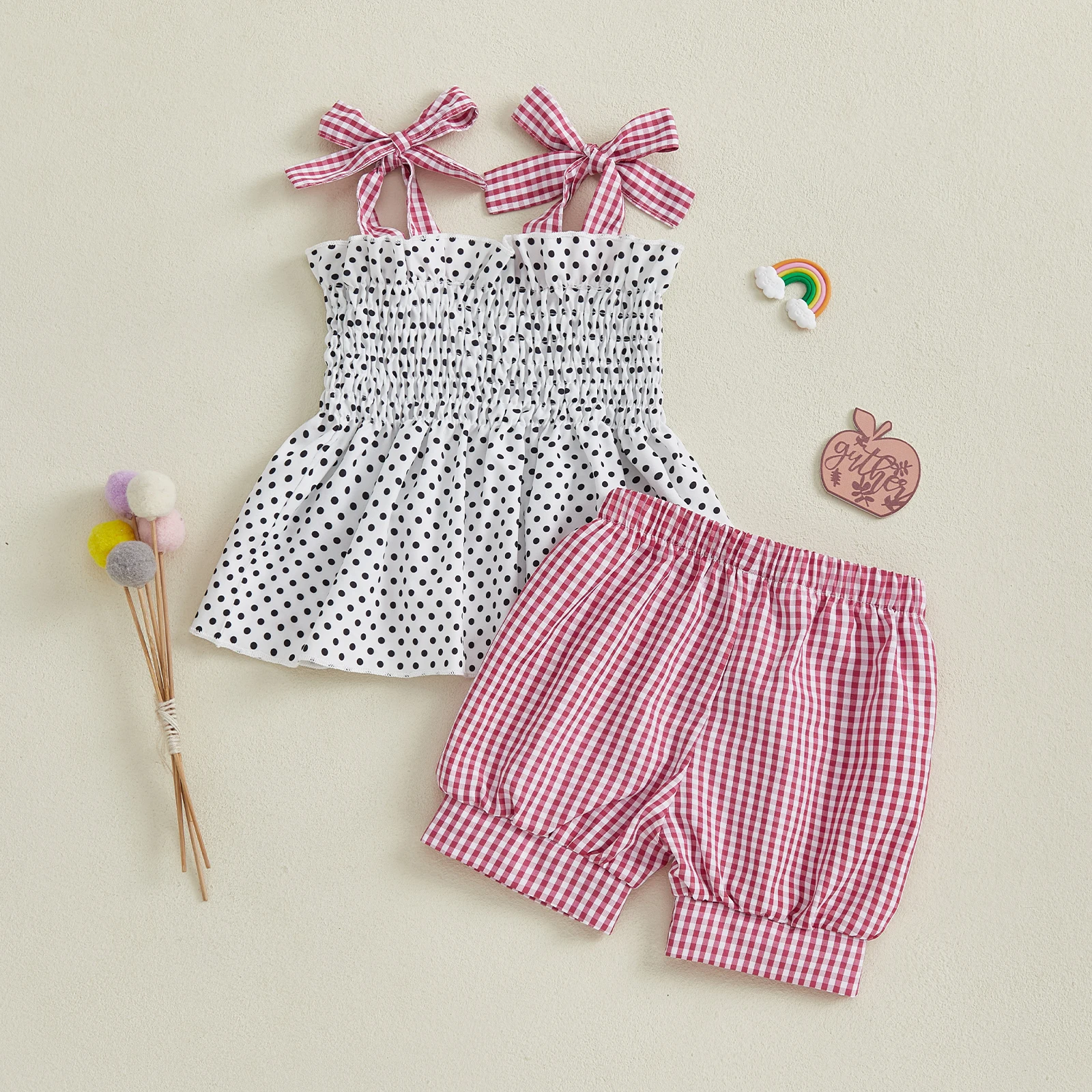 Tregren 2-7Years أطفال بنات الصيف موضة الملابس نقطة طباعة Smocked التعادل متابعة حزام بروتيل + بلون السراويل 2 قطعة مجموعات