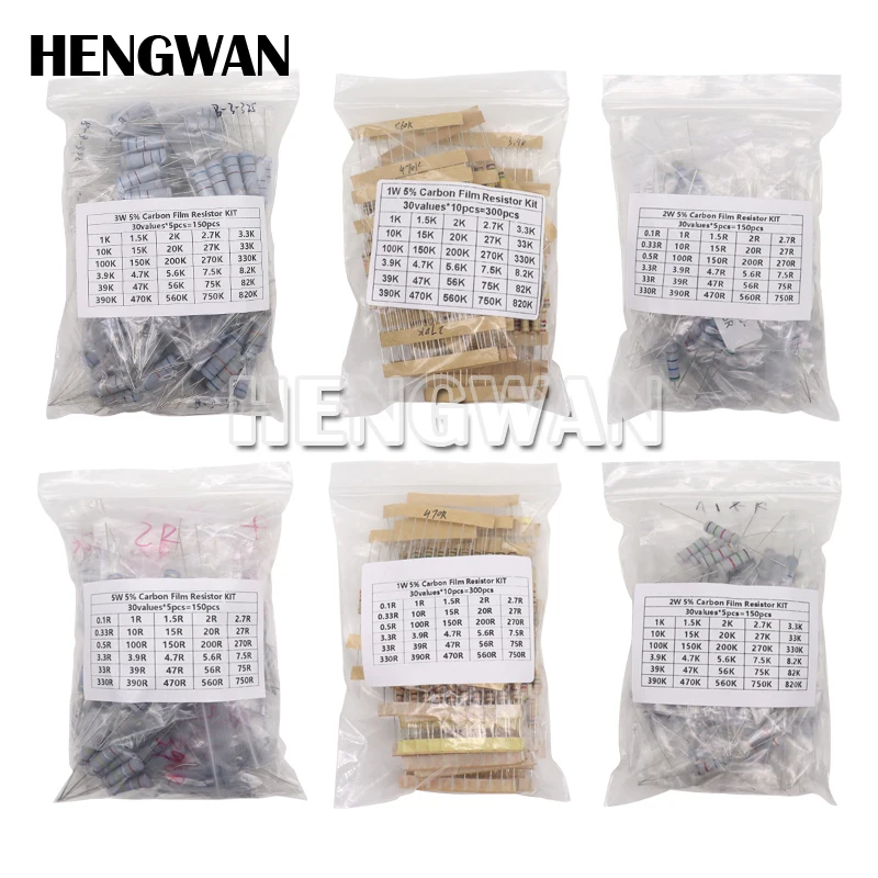 150PCS 300PCS 1W 2W 3W 5W Carbon Film Resistor Assortment Kit 5% Resistance Set 30Kinds 0.1-750 ohm 1K-820K DIY components