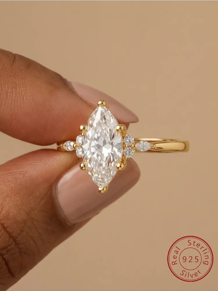 

925 Sterling Silver Golden Fashion Marquise Series Zircon Ring For Women Engagement Wedding Simple High Quality Fine Jewelry