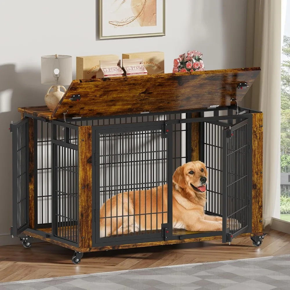 

90% Pre-Assembled 41 Moveable XL Dog Crate, Large Dog Crate Furniture with Top-Access Teasing/Feeding Doors, Chew-Resist