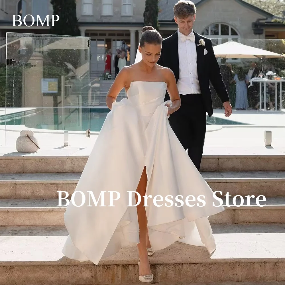 

BOMP Elegant Evening Dress Side Slit Satin Pleat Wedding Dresses Pick-ups A-Line Bridal Gowns Vestidos de noiva Customized