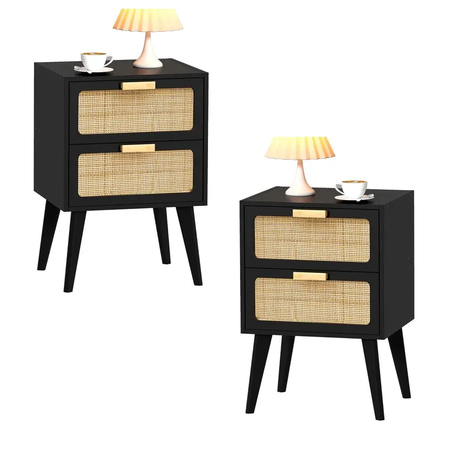 

Набор тумбочек из 2 предметов, современная прикроватная тумбочка середины века с местом для хранения вещей, торцевой столик, приставной столик с 2 ящиками ручной работы из ротанга