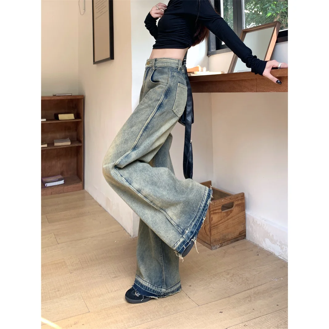 American Retro Wide-leg Jeans Women's Autumn and Winter High Waist Design with Rough Edges Mopping The Floor Pants