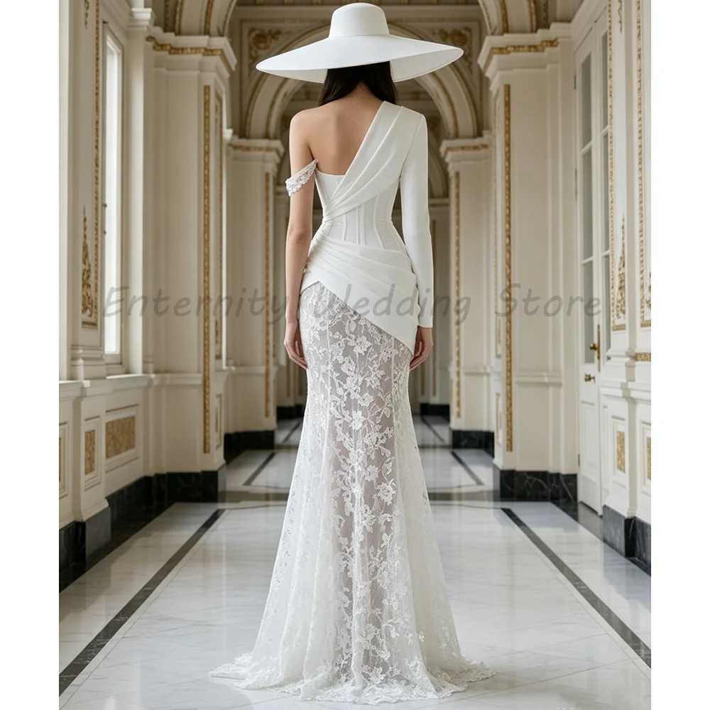 Elegant White Asymmetrical Bridal Gown Corset Bodice One Sleeve Draped Satin & Beaded Lace Mermaid Wedding Dress