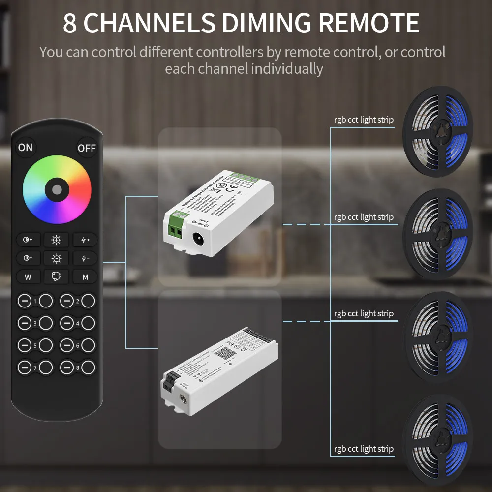 2.4GHz TUYA WiFi Bluetooth LED Controller Alexa Google Home Voice 8-Zone RGBCCT Remote Control DIM CCT RGB RGBW LED Strip 12-24V