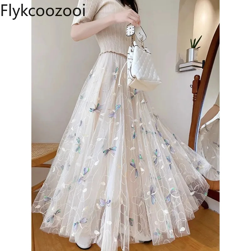 

Fairycore Appliques Dragonfly Mesh Spliced A-line Long Skirt Women High-waisted Slim Skirt Summer Exquisite Chic Vacation Wear