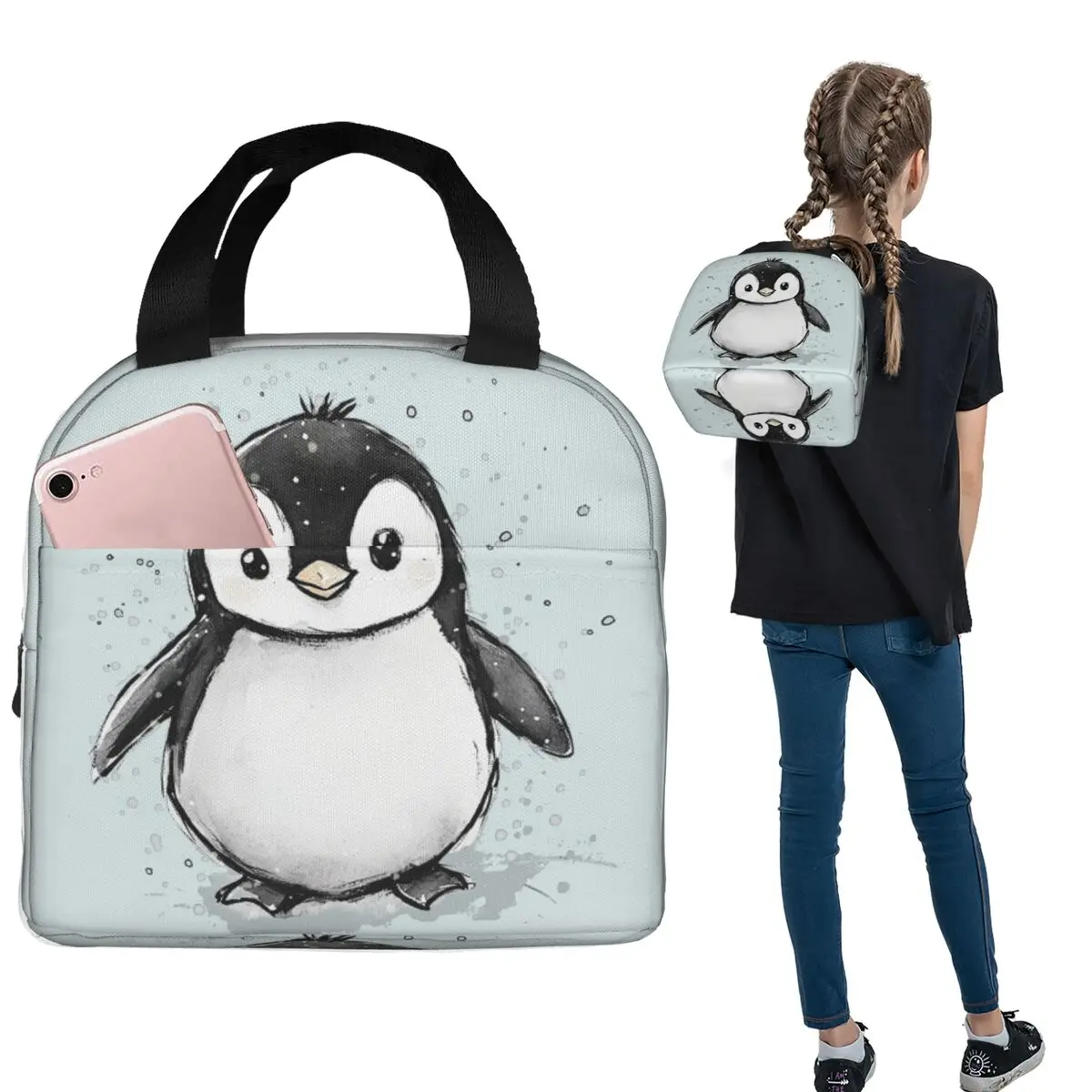 Cute Penguin Baby In The Snow Insulated Lunch Bag for Women Kids Leakproof Food Boxes Thermal Lunch Box Tote