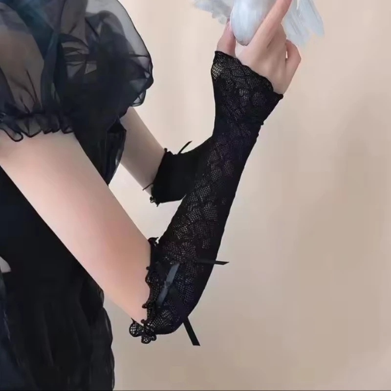 Солнцезащитные перчатки с бантом и кружевными рукавами, новые летние тонкие кружевные перчатки с рюшами Y2k, варежки без пальцев, женские сетчатые перчатки в сетку