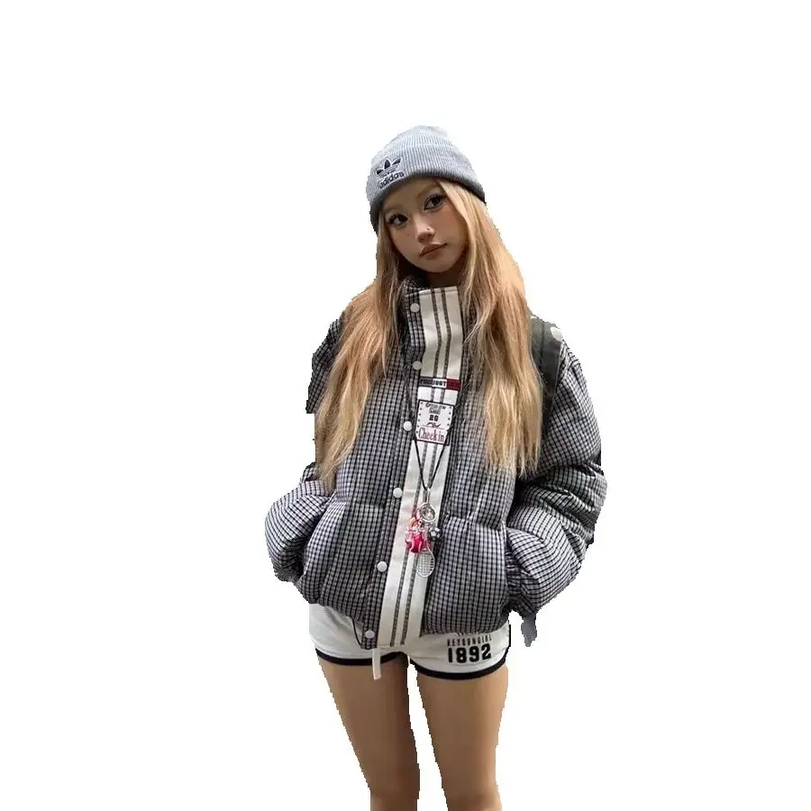 Plaid Cotton Coat Winter New Stand-Up Collar Short Style Small Loose Bread Thickened Cotton Coat 2025 New