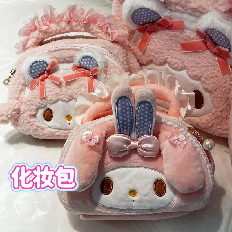 حقيبة مستحضرات التجميل من القطيفة من My Melody Sweet Piano ذات سعة كبيرة، حقيبة مكياج محمولة، حقيبة يد جميلة، حقيبة سفر كاواي للاستخدام اليومي للفتيات