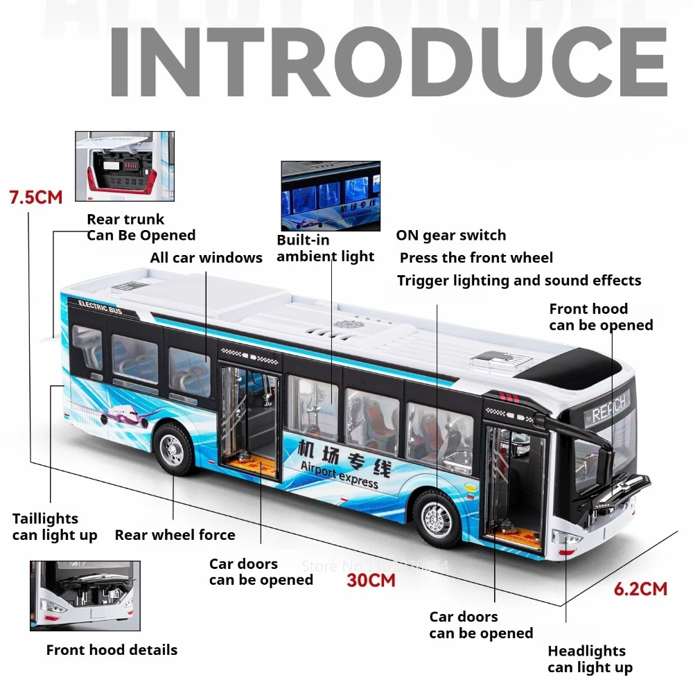 1:42 nuevo autobús energético, modelo de aleación, coche fundido a presión, juguetes, sonido, luz, puertas extraíbles, vehículos en miniatura abiertos, rompecabezas para niños, juguete para regalo