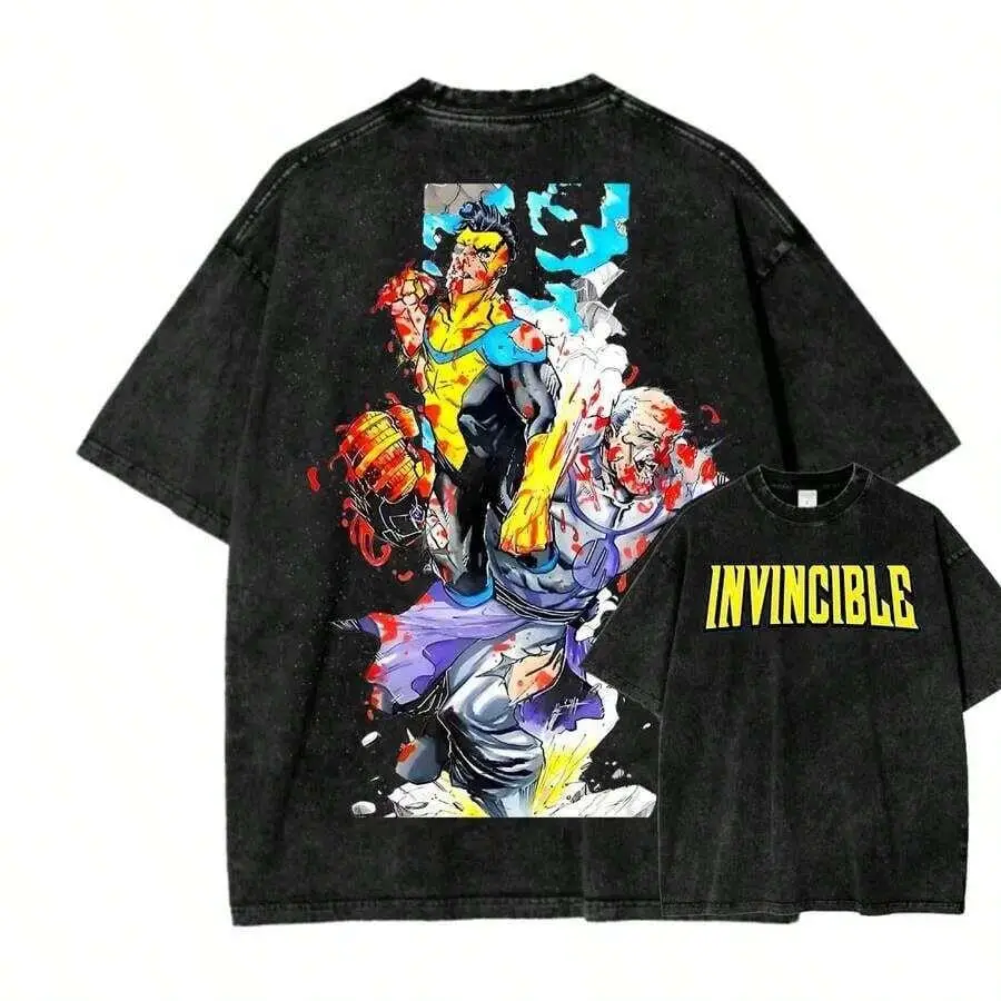 Thragg Cool Print T-shirt Anime Invincible Clothing Men Women Cotton Tshirts Retro Washed T Shirt Harajuku Male Oversized Tops