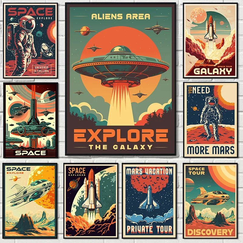 Lustiger Raum erkunden Poster Cartoon Astronaut Aliens Raumschiff Vintage Illustration druckt Wand