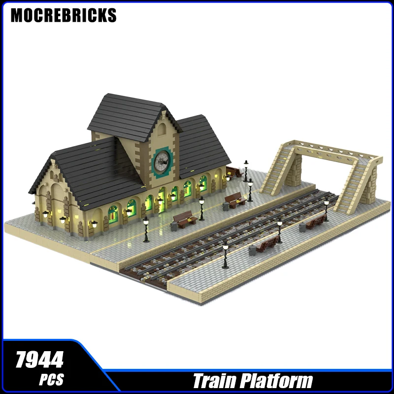 Stadt Street View Bauen Bahnhof MOC Gebäude Block Eisenbahn Plattform Track Montage Modell Ziegel Spielzeug Junge Puzzle Geschenke