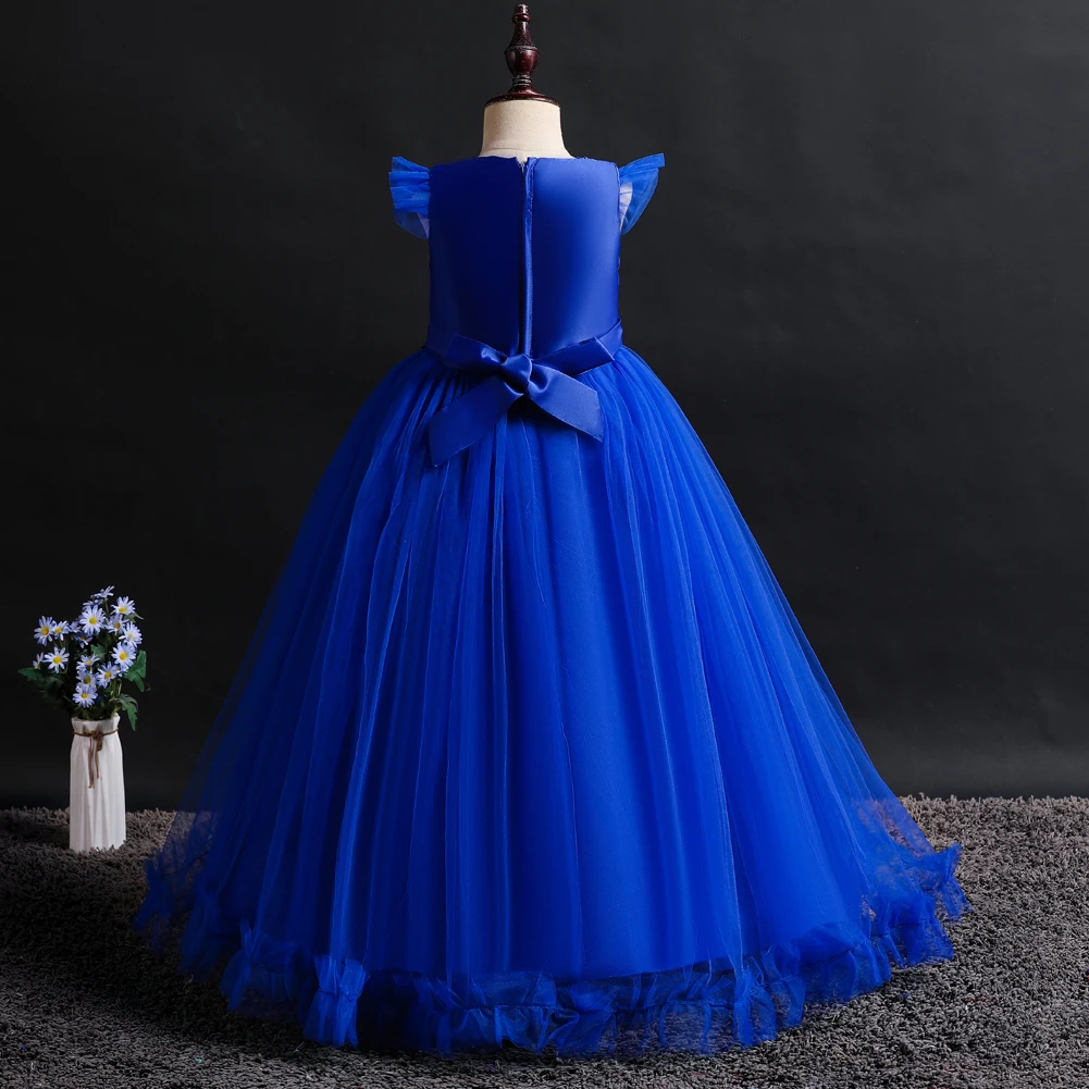 Blue New Girl Flower Elegant Long Dress FOR 4 to 14 years Children\'s Ball Embroidered Princess Dress