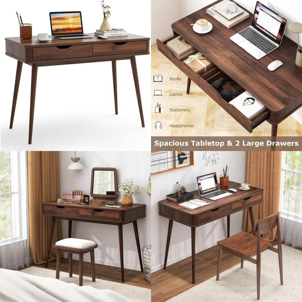 Mid Century Desk with 2 Storage Drawers, Modern Writing Study Desk with Rubber Wood Legs, Versatile Home Office Study Desk for