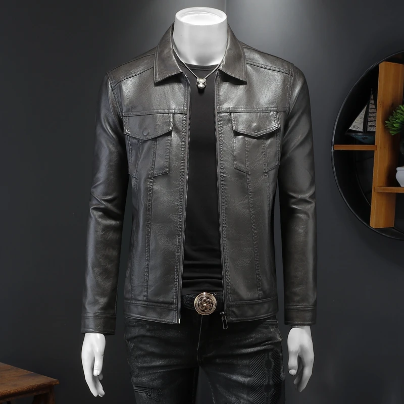 

Модная однотонная кожаная куртка-косуха с воротником-стойкой, приталенная, мужская, осенне-зимняя, новая, повседневная, городская, из искусственной кожи