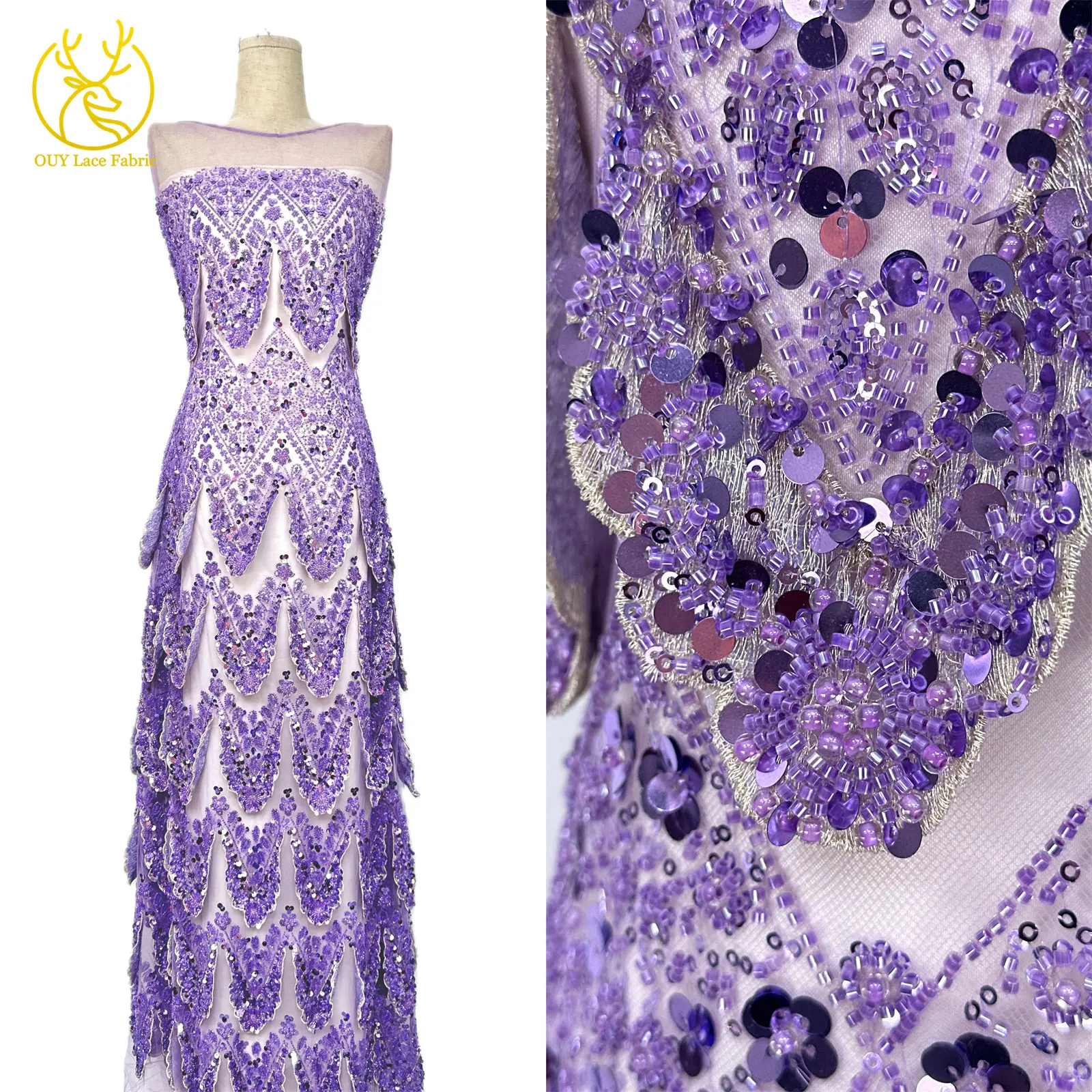 Hochwertiger luxuriöser französischer 3D-handbestickter Perlen-Spitzenstoff, 5 Yards, afrikanischer nigerianischer Pailletten-Spitzenstoff für Braut- und Partykleider – Detail 5