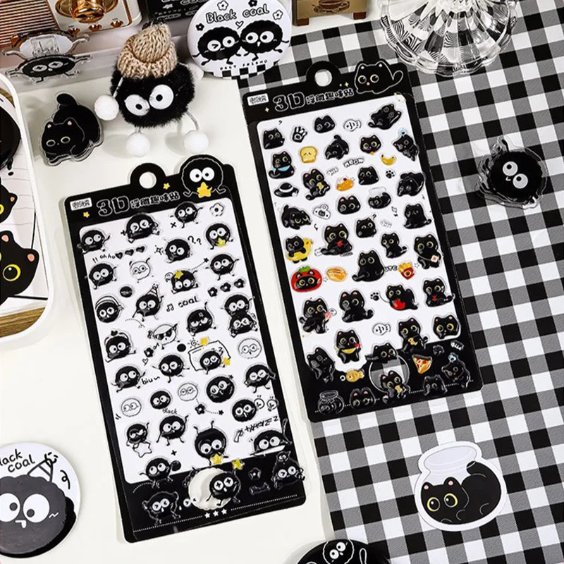 

3D Black Cat Stickers Cute Cartoon Animal Relief 3D Jelly Stickers Children's Creative DIY Phone Case Stickers Note Book Decor