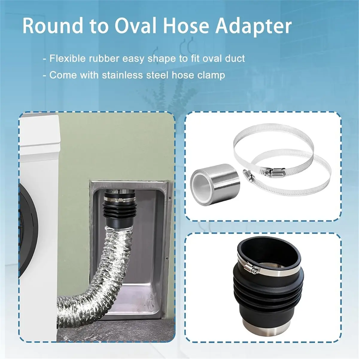 Round to Oval Duct Adapter for Recessed Dryer Vent Box, 4 Inch Flexible Dryer Hose Connector Boot with Clamps