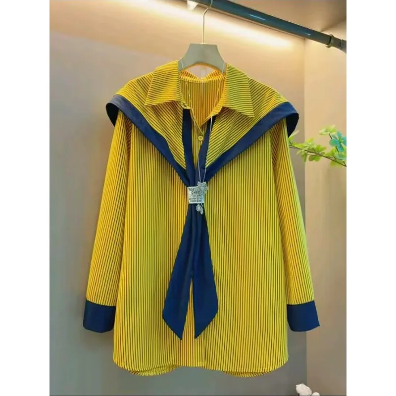 

SuperAen Women's Clothing Spring 2026 New Fashion Shawl Lapel Striped Splicing Style Top Shirt