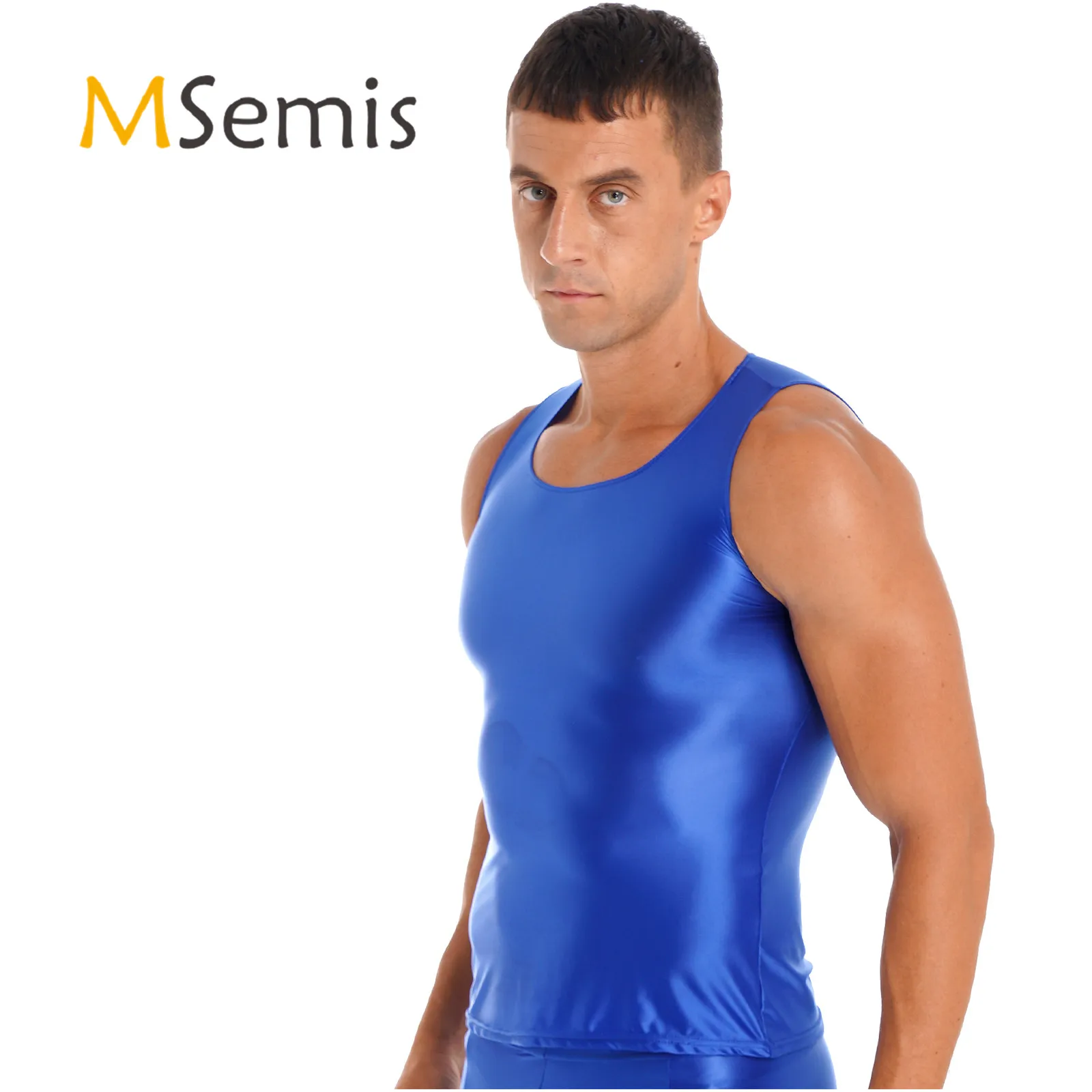 Men's Swimsuit Tops Glossy Smooth Tank Top Solid Color Stretchy Sleeveless Swimming Vest Yoga Sportswear Swimwear Sleepwear