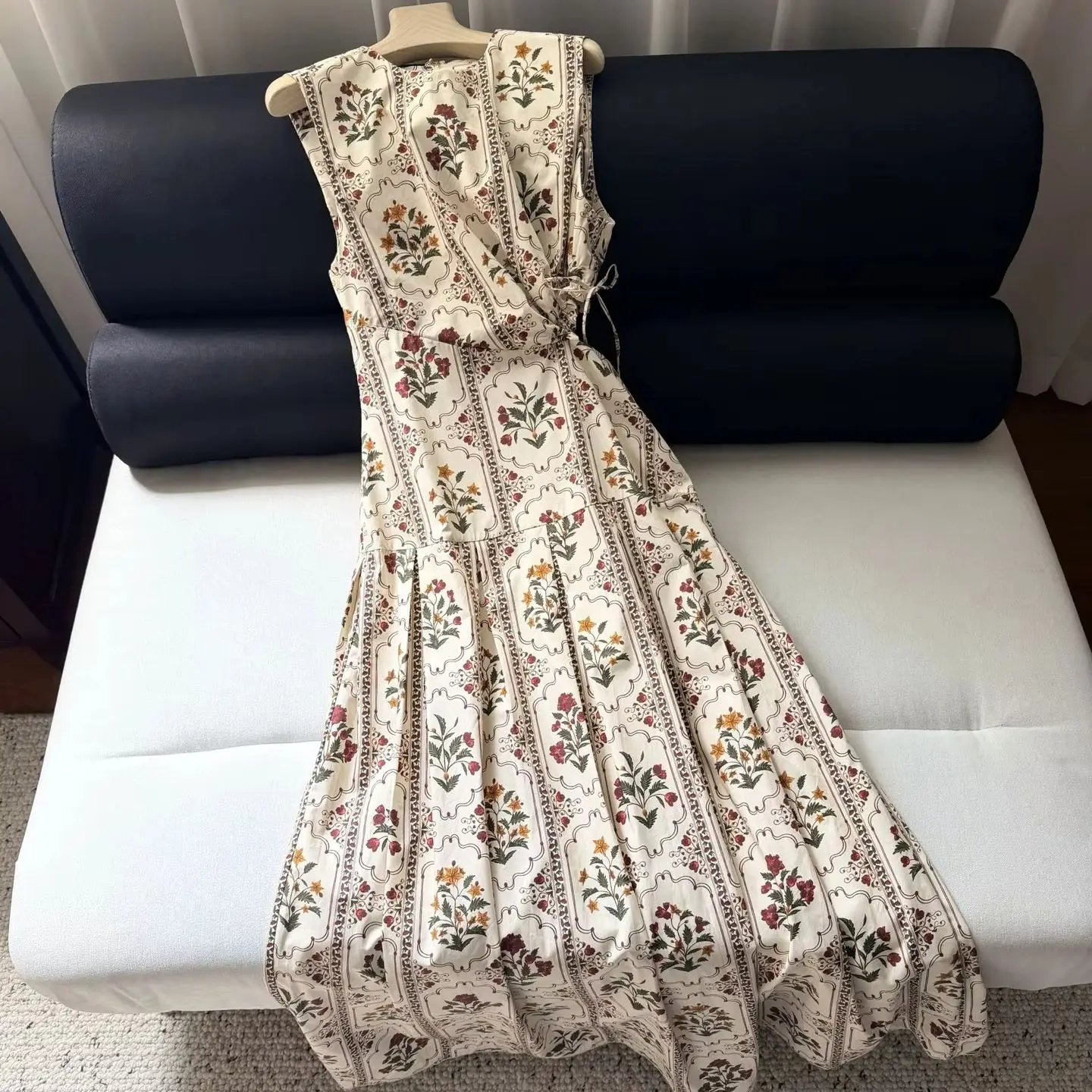 Women Floral Print Cotton Maxi Dress Waist Hollow Out Sleeveless Casual fashion long dress