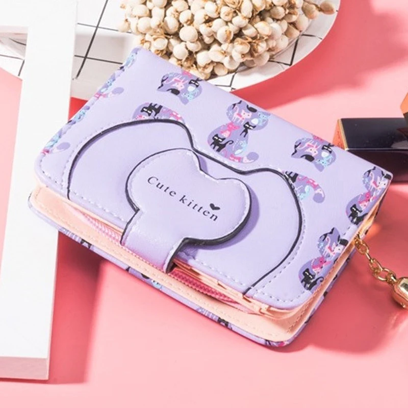 Cartera de cuero PU con estampado de gato de dibujos animados para mujer, monedero con borla, tarjetero, diseño de marca