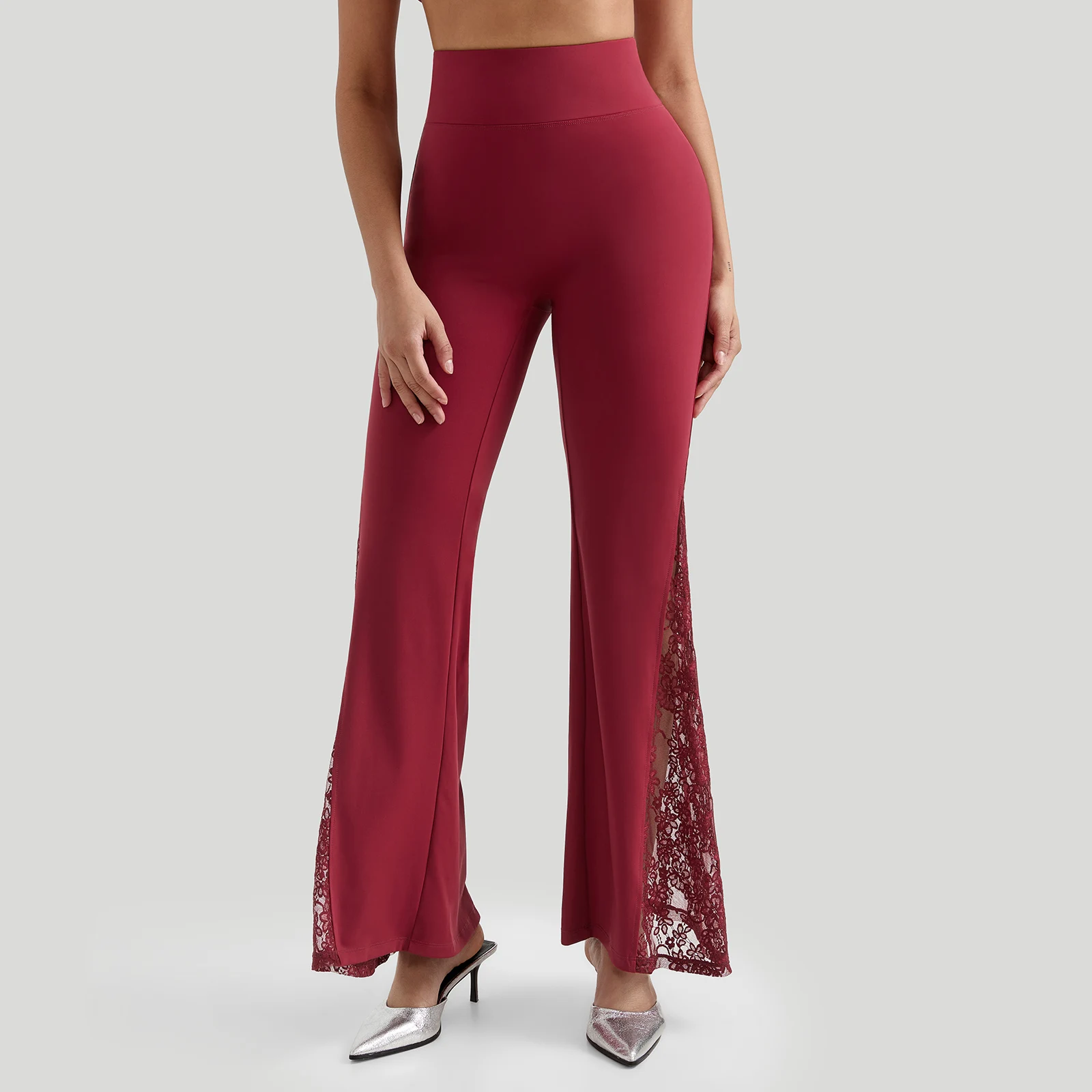 Women High Waist Long Pants Femme Seamed Hip Lifting Sexy Lace Patchwork Streetwear Casual Vintage Wid Leg Trousers Flare Pants