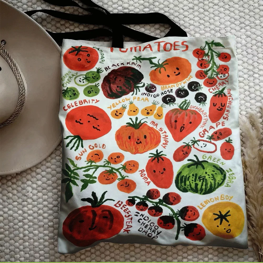 Hand-Painted Tomato Tote Bag - Foldable Reusable Suitable for School, Travel & Grocery Shopping, Durable Bookbag