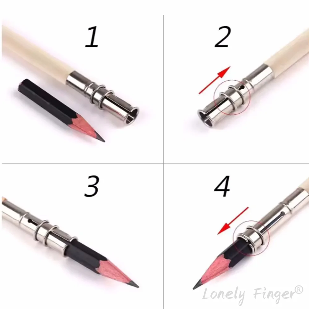 2/6/10pcs Durable Non-Slip Stainless Steel Pencil Extender Wood Handle Strong Stable Metal Extension for Writing Tools