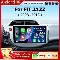 Android 16 Car Stereo Radio Multimedia Wireless Carplay Android Auto For or HONDA FIT JAZZ 2008 2009 2010 2011 2012 2013 Player