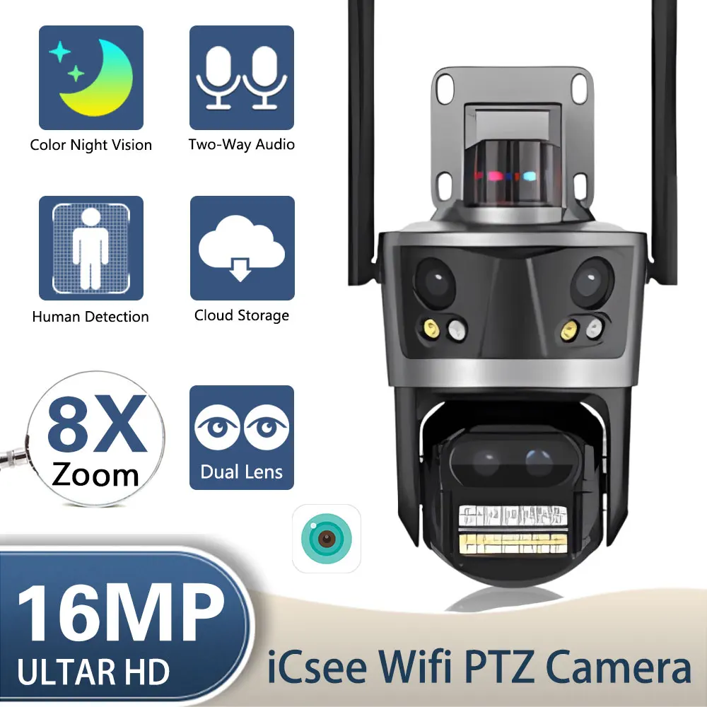 

Wifi PTZ IP Camera 4K 16MP Outdoor Four Lens 8X Zoom Wireless CCTV Security Camera Auto Tracking ICSEE IP Cam Color Night Vision