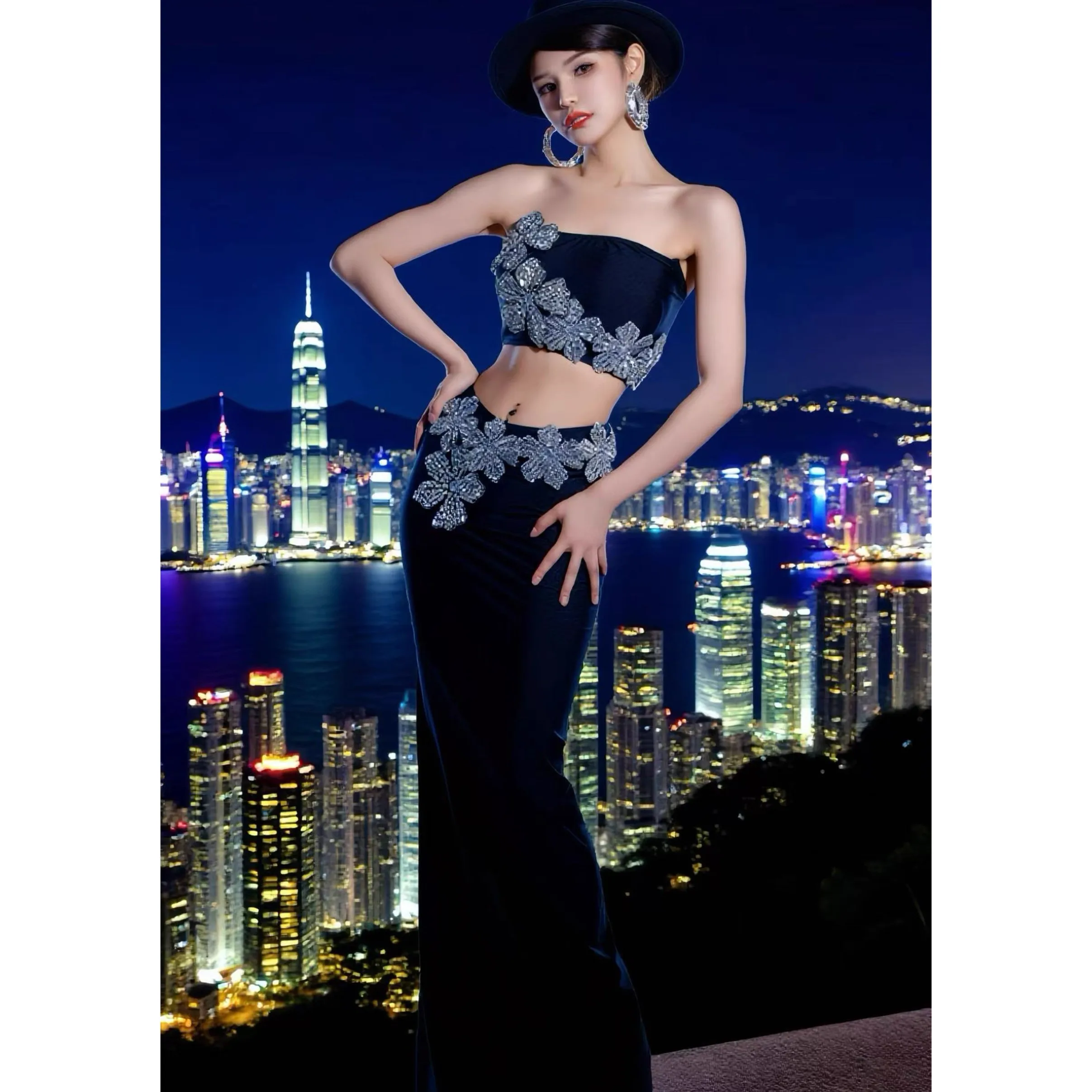 2025 novo vestido de festa sexy diamante preto split vestido boate bar dj trajes desempenho gogo dançarino cantor palco wear dn21886