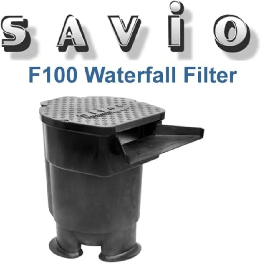 Waterfall filter for outdoor ponds, stainless steel construction, black finish, high-capacity debris filtration and quiet opera