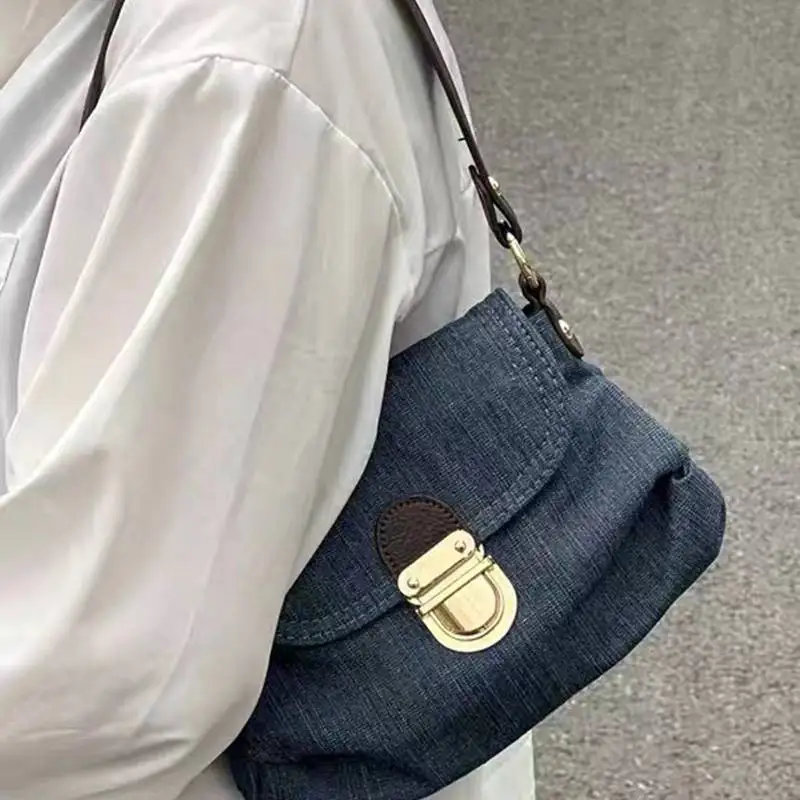 Women's Retro Contrast Color Denim Lock Pleated Bag Shoulder Underarm Bag Fashion Multifunctional Crossbody Bag Top Handle Bag
