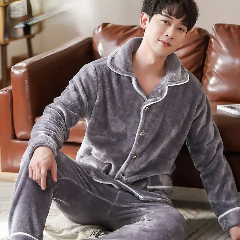 

2023 New Men's Pajamas Coral Velvet Sleepwear Autumn Winter Thickened Flannel Loungewear Long Sleeved Middle-aged Homewear Set