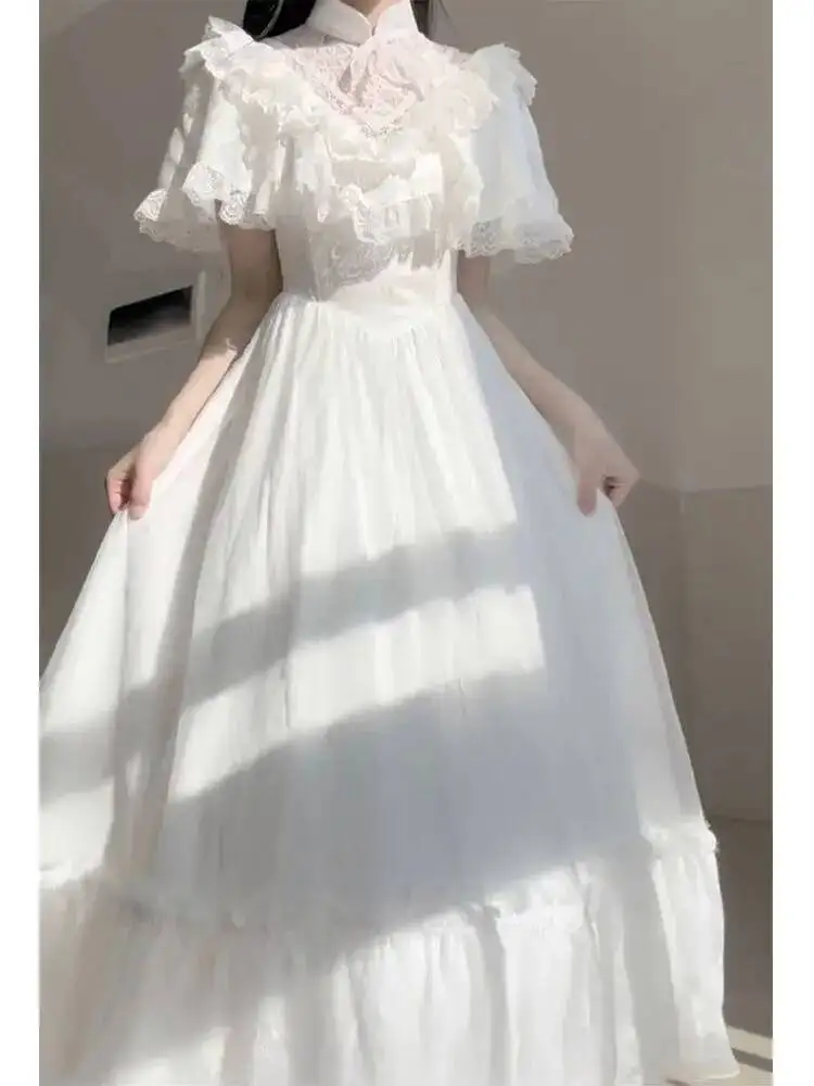 كوس استراحة الشاي الفرنسية لطيف نمط الأبيض فقاعة كم فستان الأطفال الصيف فستان الأميرة الأبيض فستان خمر القديمة