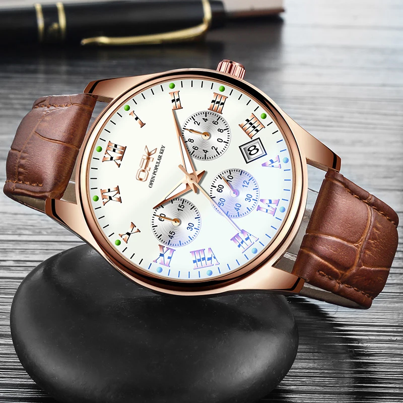 

OPK 8120 Стильные оригинальные часы с кварцевым механизмом для мужчин, светящийся дисплей, окошко календаря, мягкий кожаный ремешок, часы с тремя циферблатами