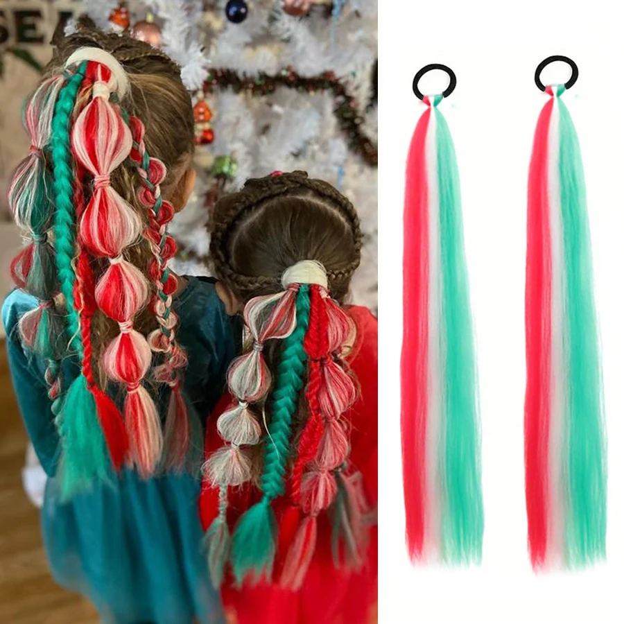 

26inch synthetic braided ponytail with rubber band omber red green christmas hair accessorties for women girls