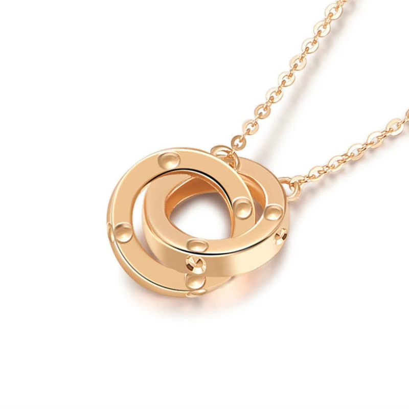 585 Purple Gold Plated 14K Rose Gold Double Ring Necklace Pendant Fashion Chain Classic Elegant Jewelry Gift for Girlfriend - Image 4