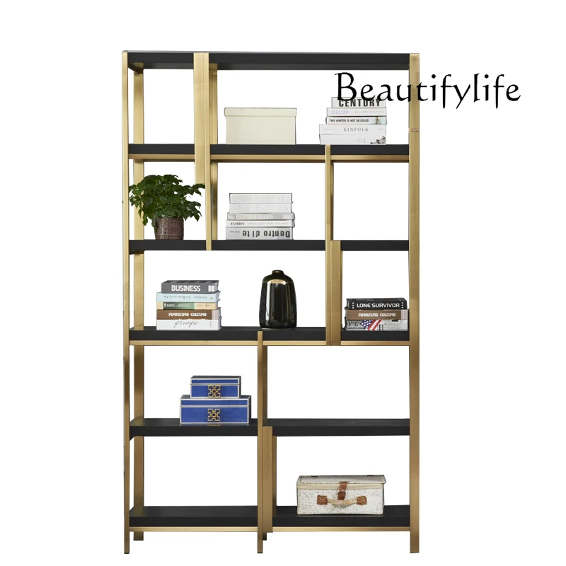 

Postmodern light luxury bookshelf Hong Kong-style simple shelf model room study stainless steel bookcase customization