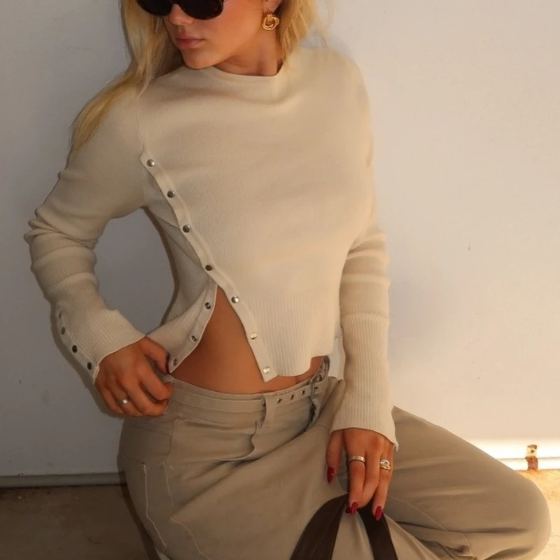

Beautiful Spice Girl Sexy Irregular Button Split Sweater Women's Autumn Design Knitted Sweater Top Elegant Beautiful Temperament