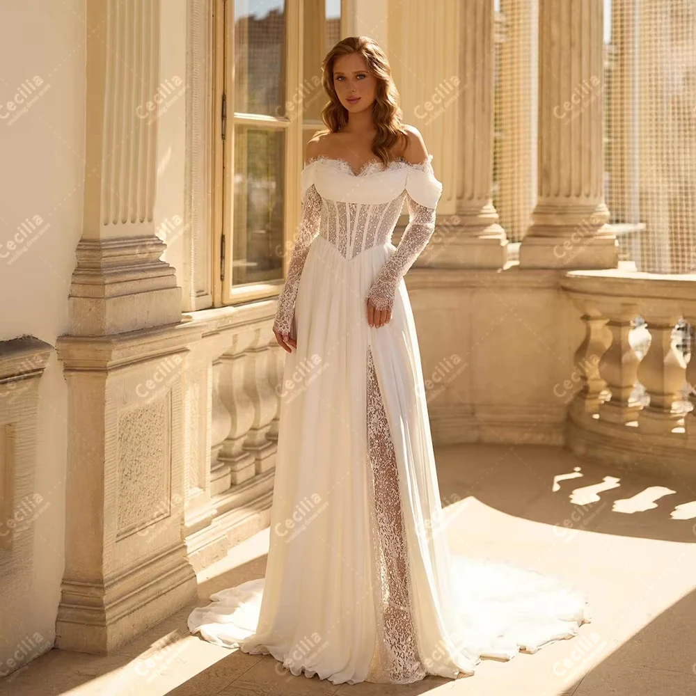 

Винтажные свадебные платья А-силуэта с кружевными аппликациями и открытыми плечами, элегантные свадебные наряды 2026