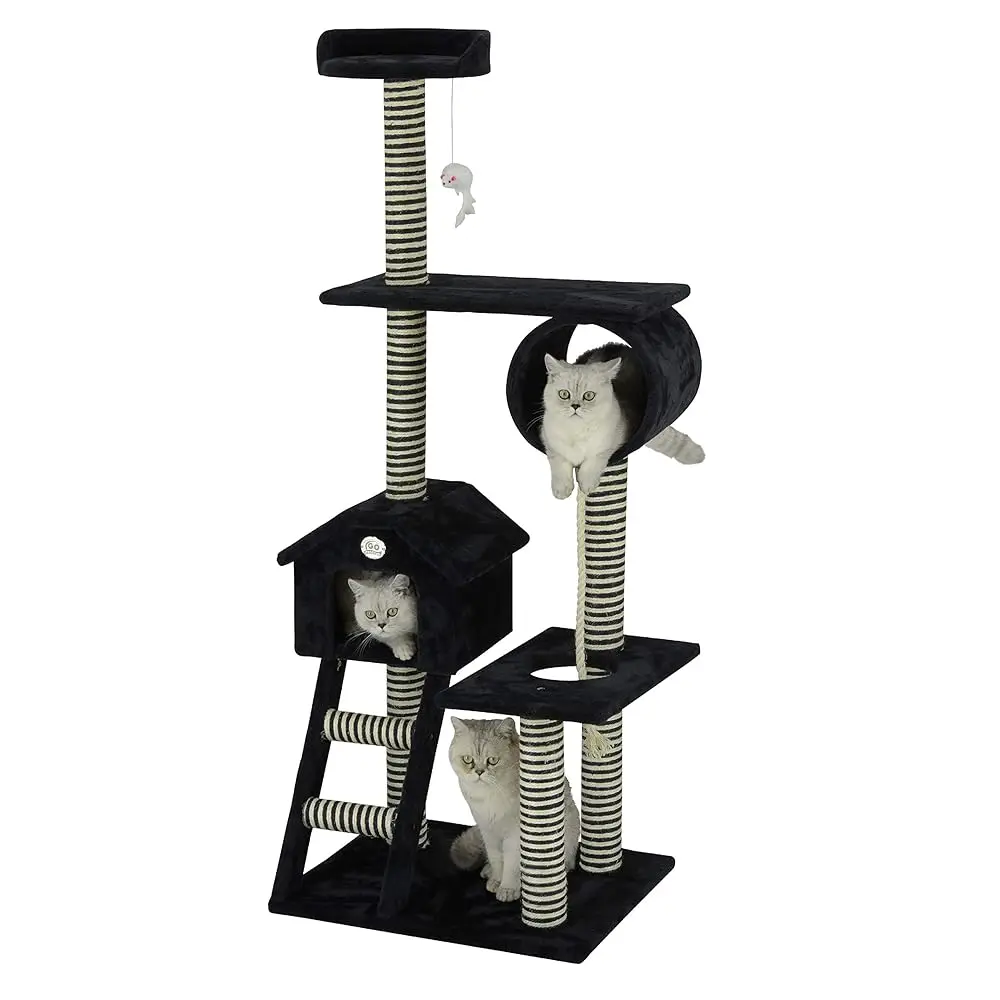 

- 60"" Tall Cat Tree Tower - Cat Tower With Scratching Posts, Cat Condo, Ladder, And Hanging Rope And Toy Mouse - Bla Cat