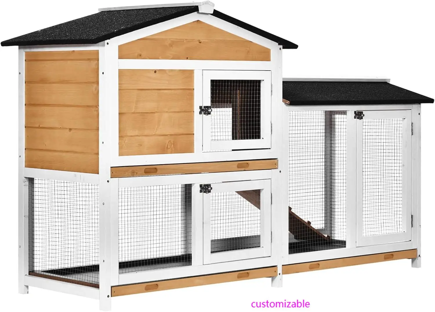 62" Rabbit Hutch, Wooden Bunny Hutch, Guinea Pig Cage, Small Animal Enclosure with Run Area, Removable Tray, Asphalt Roof