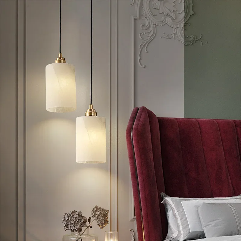 

Modern Natural Marble Alabaster Chandelier Bedroom Bedside Dining Room Table Indoor Room Decor Cylindrical Copper Pendant Light