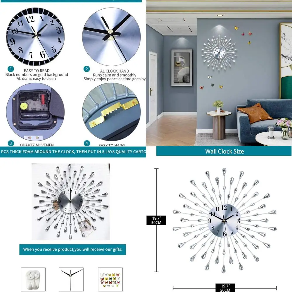

Modern 20 Silver Drop Crystal Wall Clock - Silent, Battery-Powered for Stylish Home & Office Decor