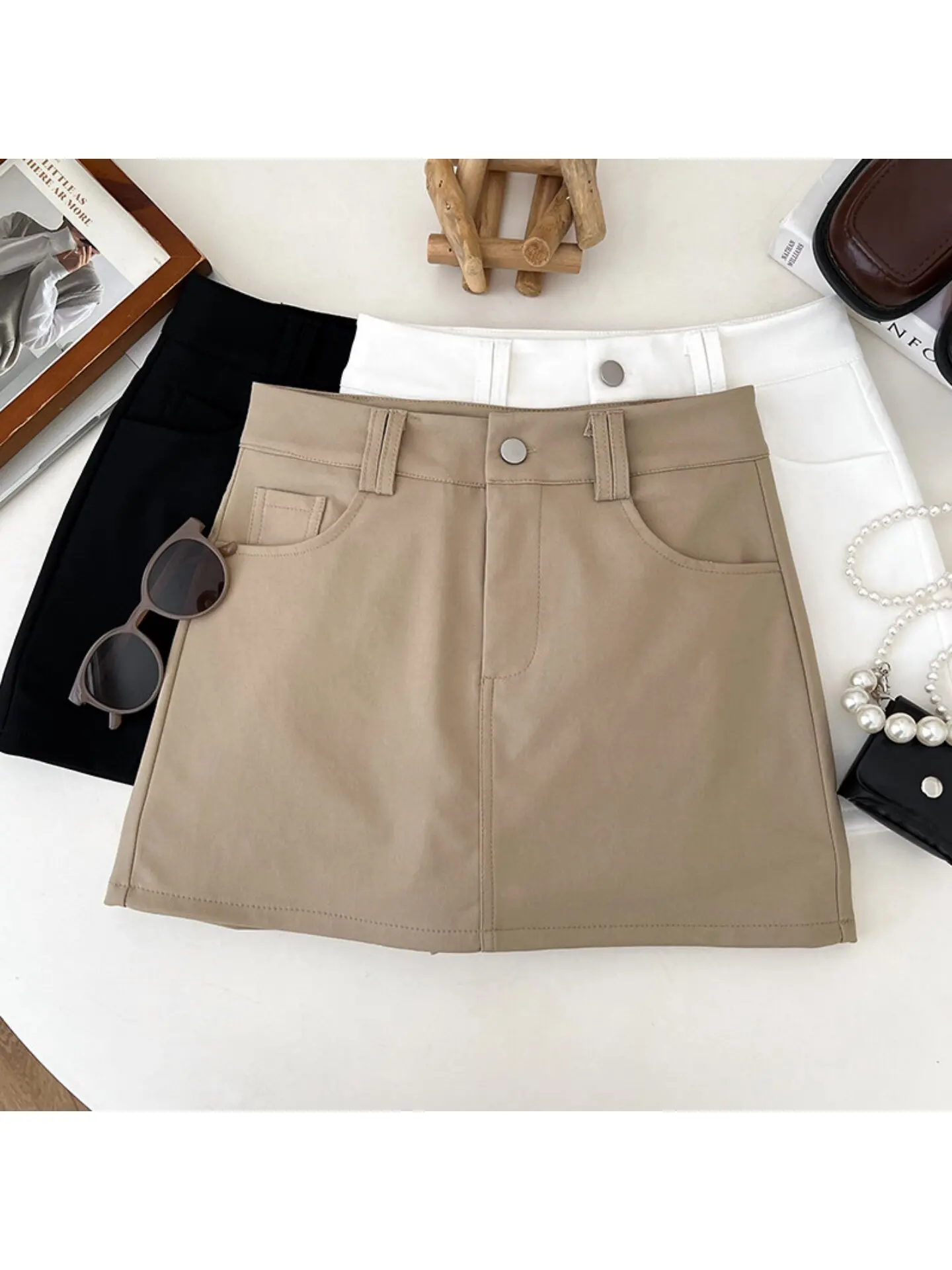 

Женская винтажная мини-юбка цвета хаки в стиле Y2K с высокой талией, А-силуэт, в корейском стиле Харадзюку, оверсайз, для весны и лета