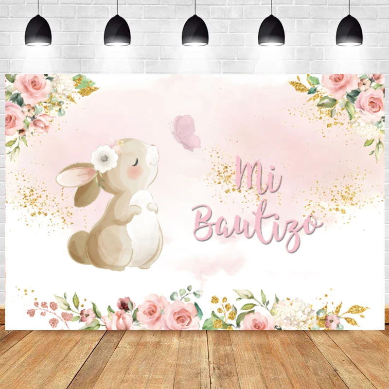 Mi Bautizo Background Pink Flower Bunny Rabbit My Christening Decorations for Girls Boys Party Decor Backdrop Photo Banner Props